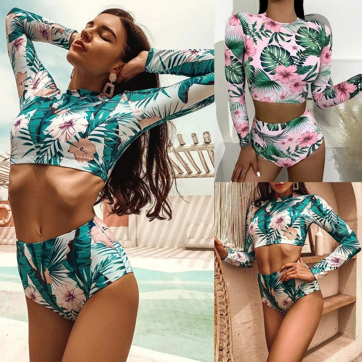 Women Long Sleeve Rash Guard Swimwear Crop Top with Short Set Quick Dry  Swimsuit