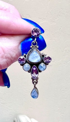 Gorgeous Designer Ornate Sterling Silver Rainbow Moonstone & Amethyst Earrings - Picture 7 of 13