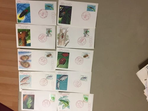 Ten Japan fdc:INSECTS,MARINE LIFE.Each two same st,diff pictures