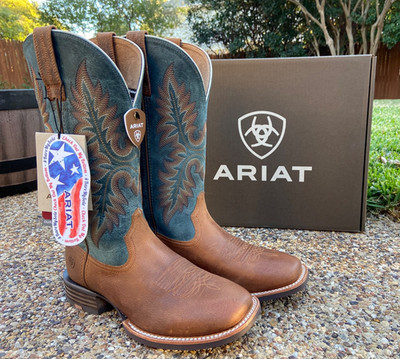 New Men ARIAT HUDSON Brown Blue Leather Square Toe Western  display picture 2