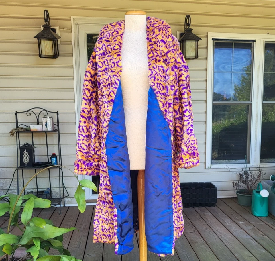 70's Pimp Costume Long Coat Faux Fur Purple Orange Leopard Print Oversized Glam - Image 2 of 4