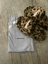 Balenciaga Men’s Leopard Faux Fur Slide Slippers Size 11 Lined Dust Bag