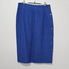 B 84 Talbots Petites Blue Linen Blend Button Front Midi Skirt Size 14P