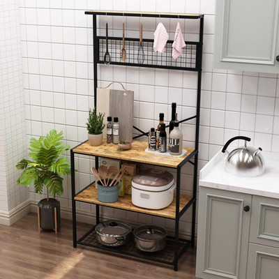 Rustic 4-Tier Kitchen Baker's Rack with Microwave Stand & 5 Hooks
