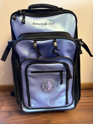 Vtg American Girl Luggage Purple Full Size Rolling Suitcase w doll Backpack 