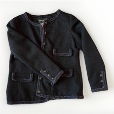 CHANEL 13A BLACK TWEED CC LOGO BUTTONS BRAIDED TRIM BLAZER JACKET FR44 US12