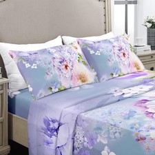 Floral Sheet Set - 1800 Thread Count Brushed Queen 01 Purple Flower