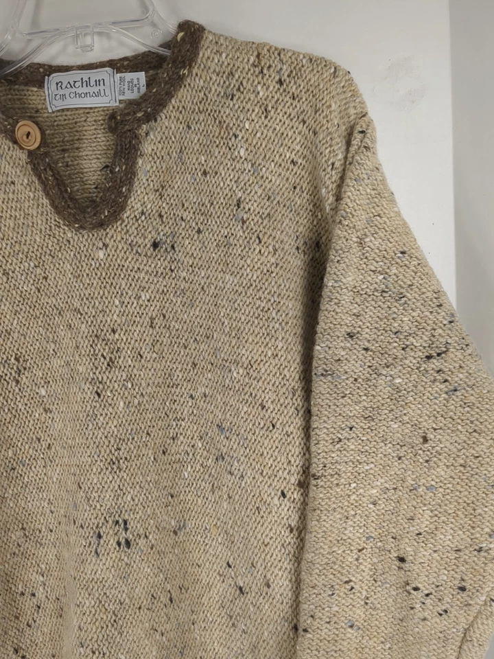 Suéter Rathlin Adulto Grande Marrón Tejido Lana Pullover Cuello en V Hecho a Mano Irlanda Foto 4 de 4