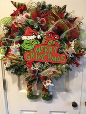 " GRINCH " MERRY CHRISTMAS WREATH LITES UP HANDMADE DECORATION CHRISTMAS