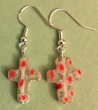 CLEAR with RED MILLEFIORI CROSS EARRINGS w/Sterling Silver Ear Wires or GP  1
