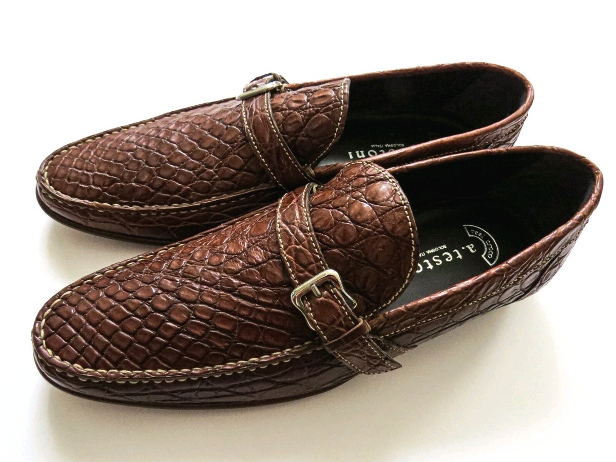 Pair of White and Brown genuine leather loafers A pair of Crocodile shoes. Brown Brown Nubuck Crocodile Loafers | Luxurious Alligator Leather  main image 3