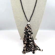 Vintage Y2K Black Beaded Leopard Print Tassel Necklace Boho Statement Jewelry