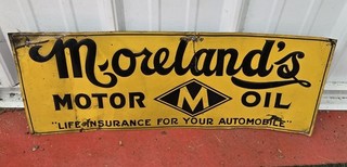 Antique metal signs Moreland’s Motor Oil Collectable 1930? 1940?