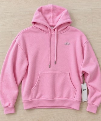 Alo Pink Pullover Hoodie Fleece Cotton Blend Logo Oversized