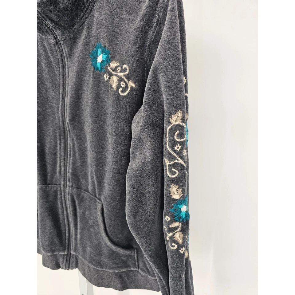 Style & Co Womens Sz L Zip Up Velour Track Jacket Gray Floral Embroidered - Image 2 of 4