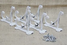 6 WHITE RUSTIC COAT HOOKS ANTIQUE STYLE CAST IRON 4.5" WALL DOUBLE RESTORATION