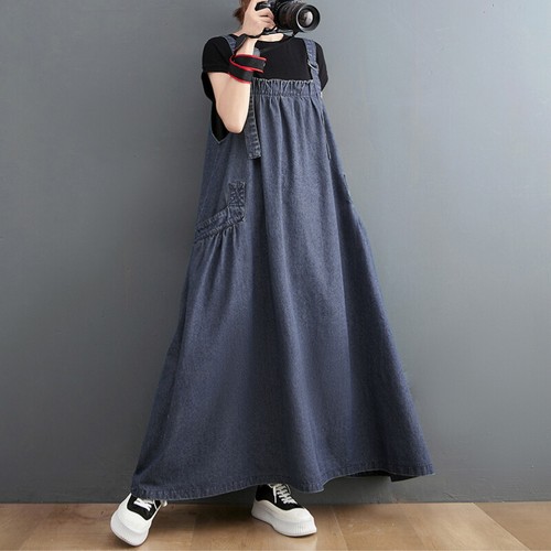 Ladie Denim Dress Baggy Sleeveless with Pocket Vintage Swing Loose Plus Size - Picture 11 of 12