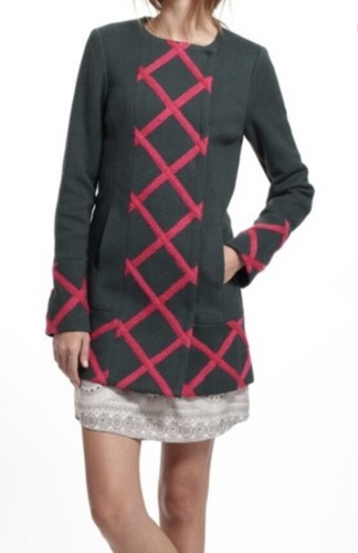 105. Anthropologie Elevenses Tamarisk Lattice Pea Coat Green and Pink Detail