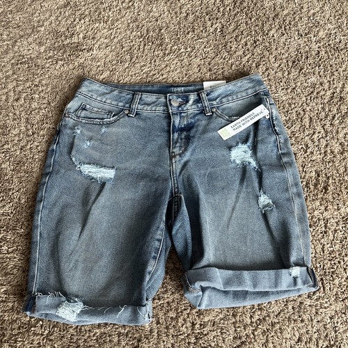 Time And Tru Distressed Shorts Women’s Blue Denim Mid Rise Stretch 10 Cuffed