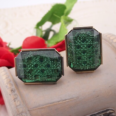 Vintage Hickok USA Green Rectangular Prism Glass Gold Tone Cufflinks