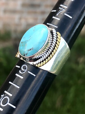 Vtg Natural Blue Turquoise Signed YS India Sterling Silver 14k gp Unisex Ring