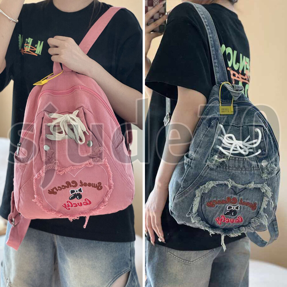 Women Denim Backpack Retro Jean Rucksack Shoulder Handbags