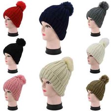 KNIT CABLE HAT WITH POM POMS CUFF ASSORTED COLORS