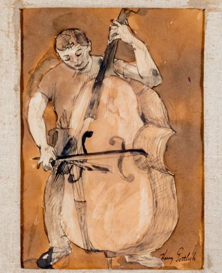 Reproductor de violonchelo Harry Gottlieb medios mixtos sobre papel - firmado en Nueva York enmarcado Foto 2 de 4