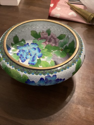 Vintage Jingfa Cloisonne Low Bowl With Floral Design 8”Diameter W Stand - Picture 3 of 20