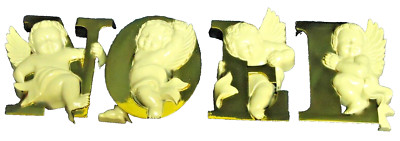 NOEL Christmas Cherubs Angels Wall Hanging Decoration 6'' plastic Gold Letters