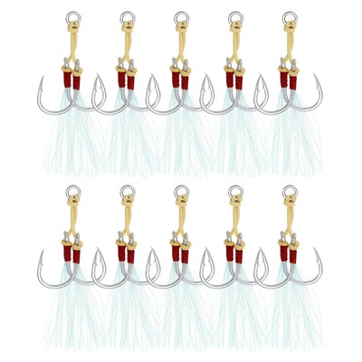 10pcs Fishing Assist Hooks Kit Double Jigging Hook Glow Tassel(3/0#, 3.2''x0.6'')