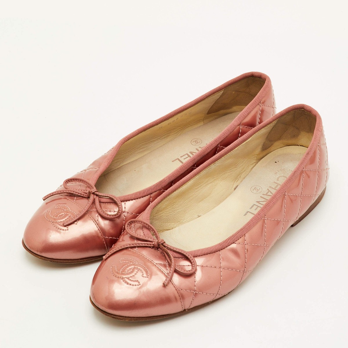 Chanel CC Size 37.5 Rose Pink Quilted Patent Leather Bow Cap Toe