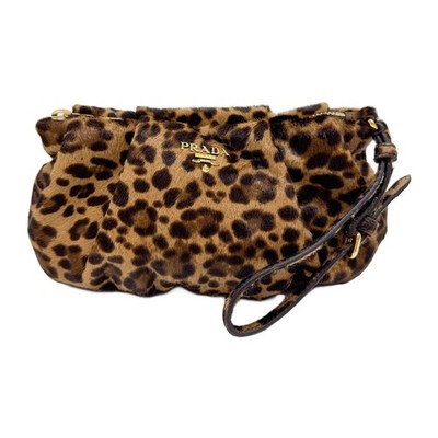 PRADA Brown Leopard Print Pony Hair Clutch Bag