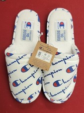 NEW Champion Script Men's Slippers Size 10 White Blue CP101471M W/ Champion Bag