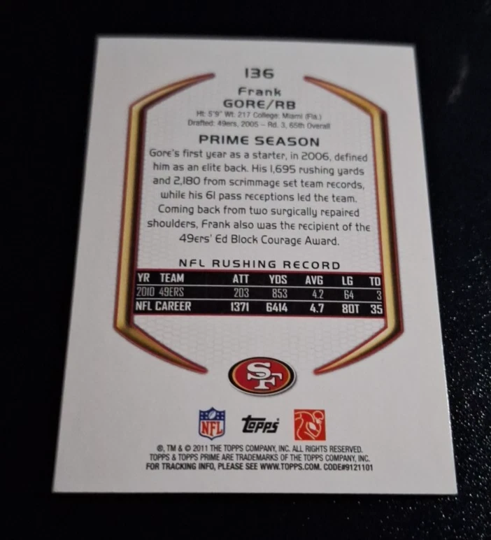 2011 TOPPS PRIME FOOTBALL AQUA SP #136 FRANK GORE SAN FRANCISCO 49ERS NRMT-MT!!! - Image 2 of 2
