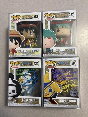 Signed One Piece Funko Pop Lot! Luffy, Zoro, Usopp, Brook! Quotes & Drawings!!!