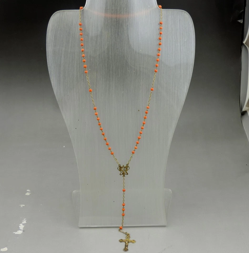 Ancien Chapelet en perles de corail naturelle et argent massif vermeil - Photo 3/4