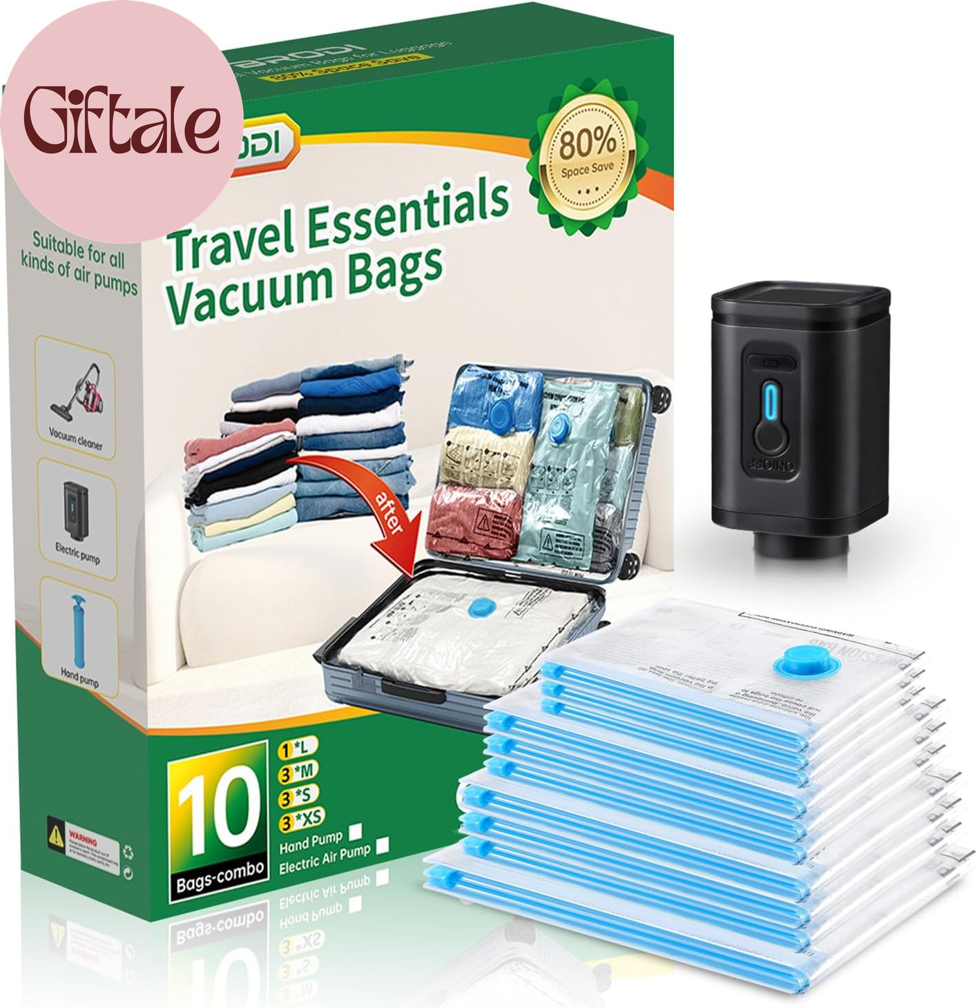 10 Combo Pack Travel Vacuum Bags With Pump - Space Saver &Amp; Travel Essentials, Cl