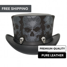Black Leather Top Hat Skull Graphic Gothic Steampunk Costume All Sizes New