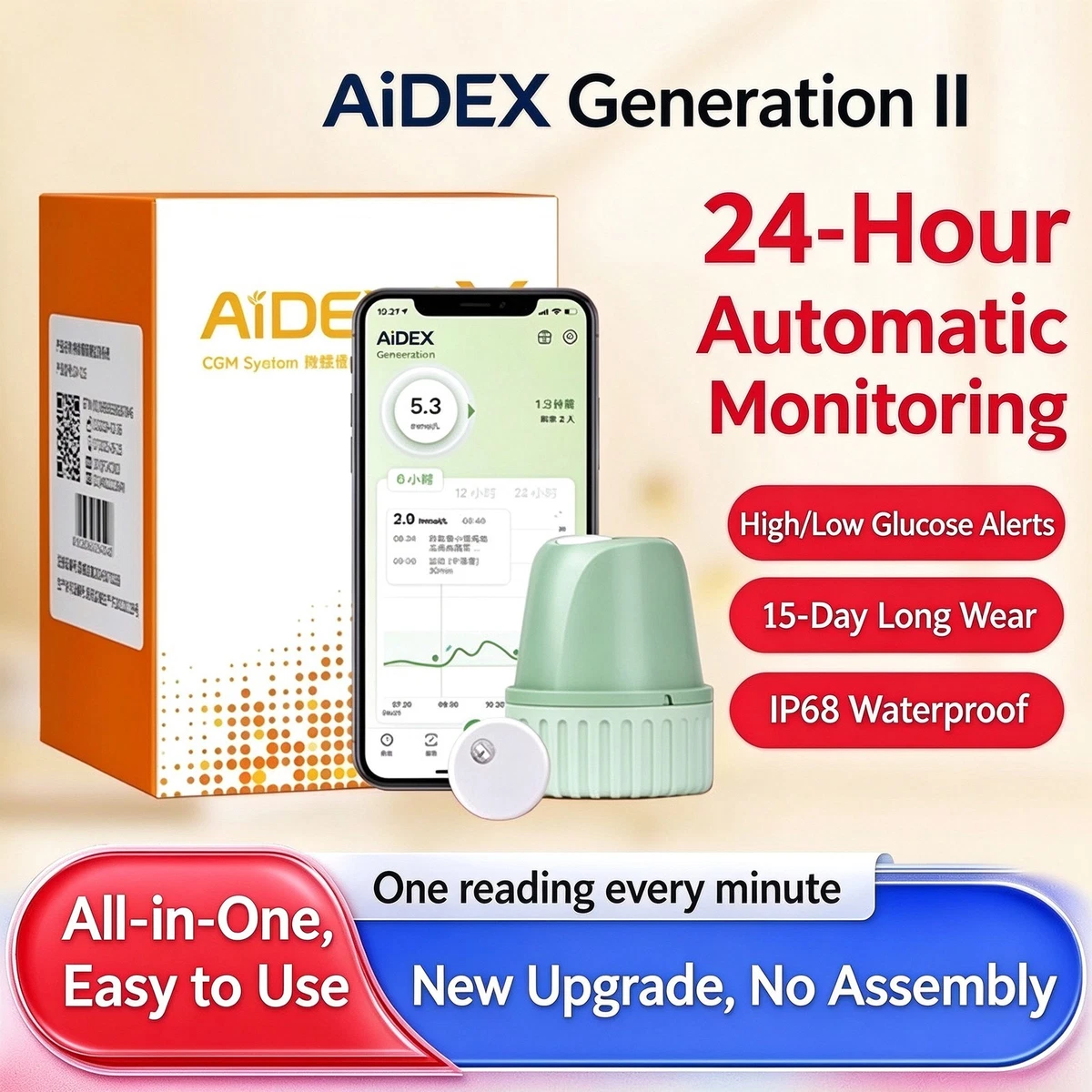 Monitor de glucosa CGM AiDEX Gen 2 sensor de 15 días sin pinchazo en el dedo aplicación en tiempo real