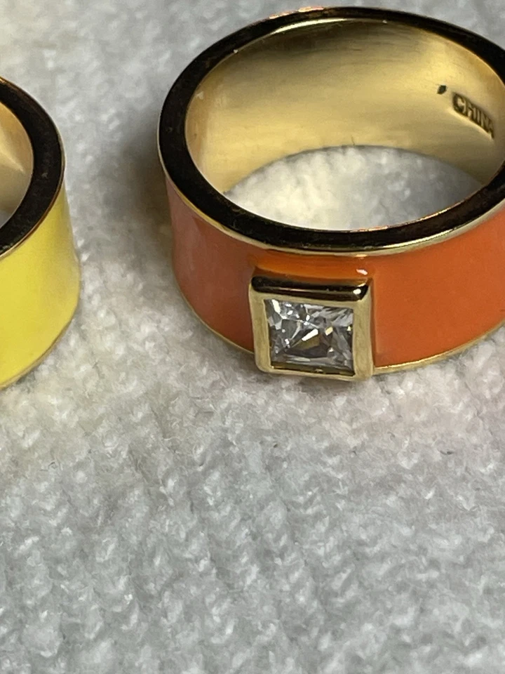 黄色和橙色珐琅 6 件套戒指套装。 花卉、宽带和可堆叠 — 第 3/4 张图片