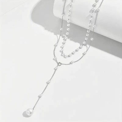 Women Double Wear Necklace Pearl Necklace Tassel Layered Collarbone Pendent US