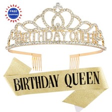 Birthday Crowns and Sash - Queen Tiara for Party Decorations CAVETEE Gold