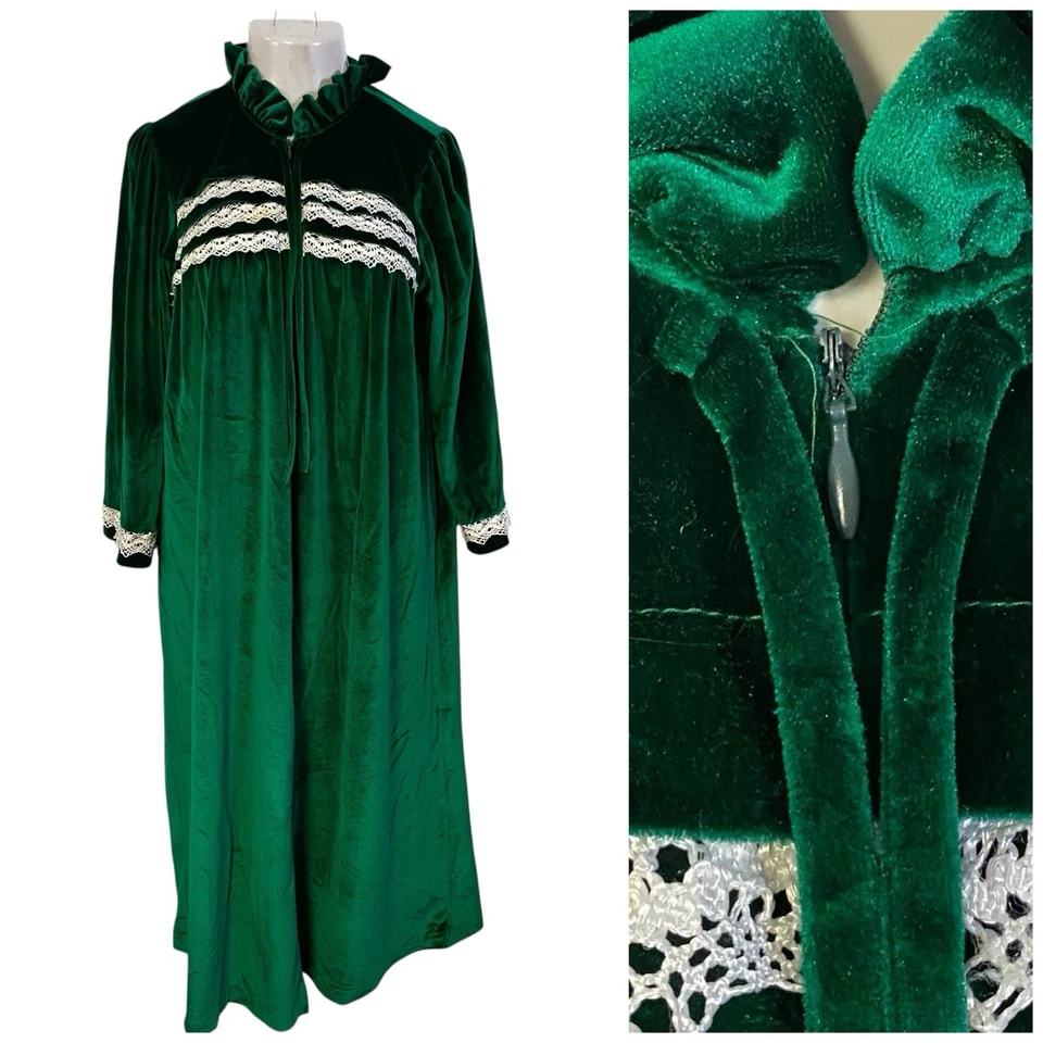 Gilligan OMalley Womens Large Green Vtg House Coat Robe Zip Pockets Nightgown - Image 2 of 4