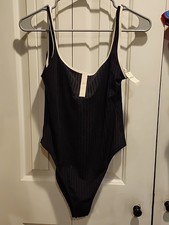 AERIE Wide Rib Henley One Piece Cheeky Real Good UPF 50 Black Swimsuit Large