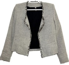 IRO Paris Wool Linen Boucl Jacket Size 2 Gray O-Ring Embellished Raw Edge