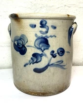 ✨Antique 19th C Ohio Stoneware Crock Decorated Primitive Blue Flower 3 Gallon✨
