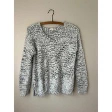 Y2K So Fuzzy Knit V-Neck Sweater Women's XS Gray White Pullover Soft Cozy Casual