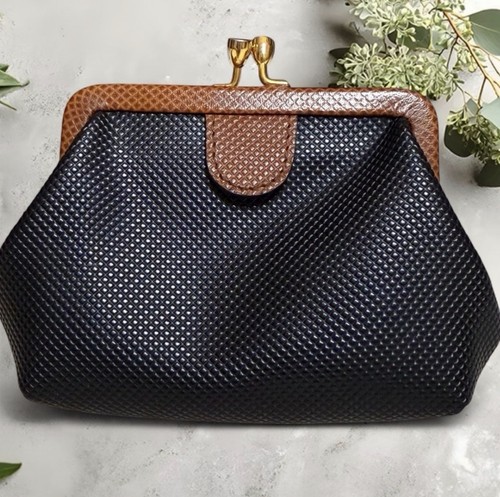 Vintage Bottega Veneta Lizard Skin & Black Leather Kiss Lock Small Clutch EUC