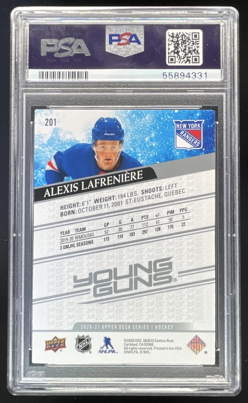 2020-21 Upper Deck #201 Alexis Lafreniere Young Guns RC VAR PSA 9 view 2